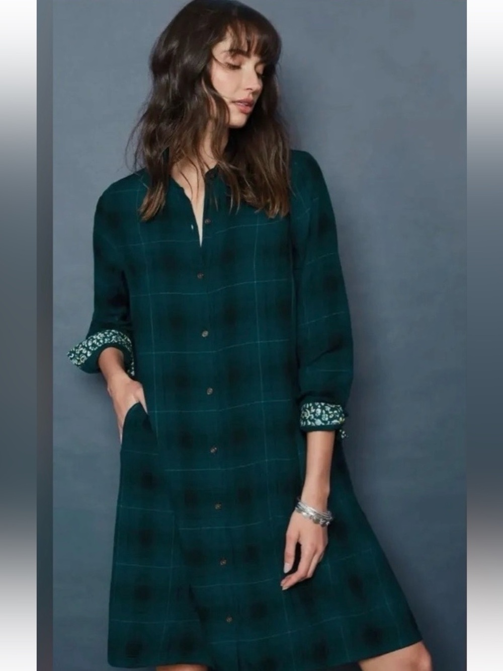 J.Jill Plaid A-Line Shirtdress Teal Green Floral Cuff Button Front